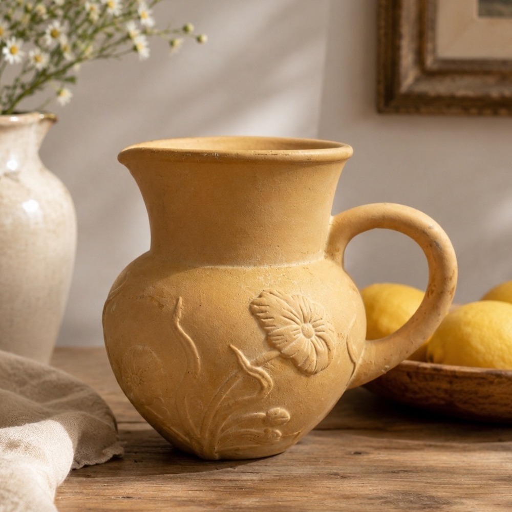 Vintage McCoy Yellow‎ Tan Daisy Floral Clay Pottery Pitcher Jug Matte 3816 USA